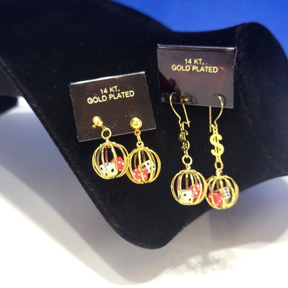 Vintage Caged Dice Dangle Earrings 14K Gold Plated Set of 2 - Picture 2 of 7